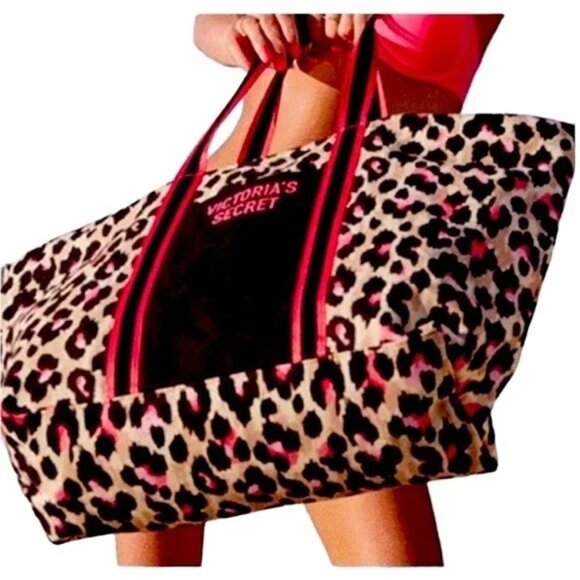 Victoria's Secret Zip Top Tote VS Pink Leopard Print Canvas Weekender Tote Bag - Picture 2 of 12